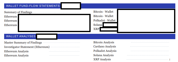 Index of wallet fund-flow statements across Ethereum, Bitcoin, Polkadot, Solana, XRP and Cardano