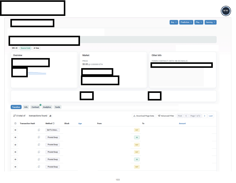 Redacted block explorer screenshot confirming a subject wallet holds zero balance of a token
